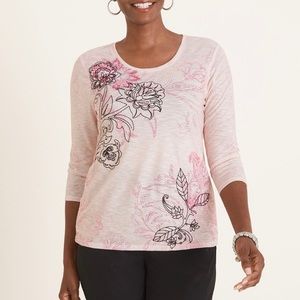 CHICO’S Lovely Pink|Black Floral Embroidered Top.3/4 Sleeve,Women’s XL,Exc Cond